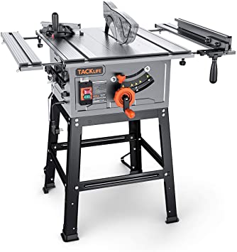 Table Saw, TACKLIFE 10-Inch 15-Amp Table Saw, 24T Blade, Cutting Speed up to 4800RPM, Aluminum Extension Table, 45ºBevel Cutting, Jobsite Table Saw with Stand, Push Bar & Miter Gauge