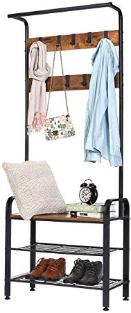 KingSo Industrial Coat Rack Shoe Bench, 9 Hooks Hall Tree Entryway Coat Shoe Rack 3-Tier Shoe Bench, 3 in 1 Design Wood Look Accent Furniture with Stable Metal Frame Easy Assembly