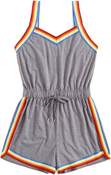 Milumia Women Casual Rainbow Stripe Print Cami Romper Knot High Waist Sport Jumpsuit