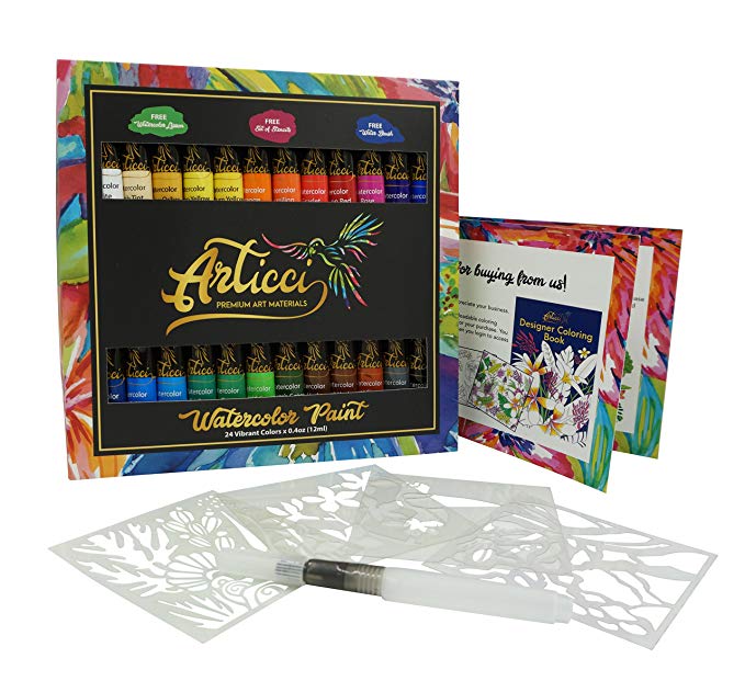 Watercolor Paint Set   Water Brush. Vibrant 24 Colors Artists Quality Liquid Tubes by Articci NonToxic Painting Kit for Adults Kids Students Professionals Beginners   Stencil & Coloring Book