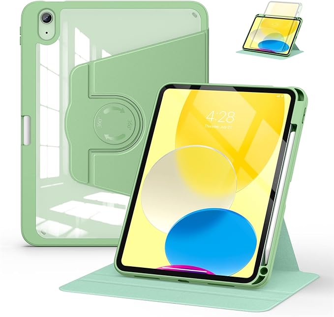 Soke Hybrid Rotating Case for iPad 10th Generation (2022, 10.9 Inch) with Pencil Holder - 360 Degree Rotating Stand Protective Case with Clear Back & Smart Sleep/Wake Cover - Matcha Green