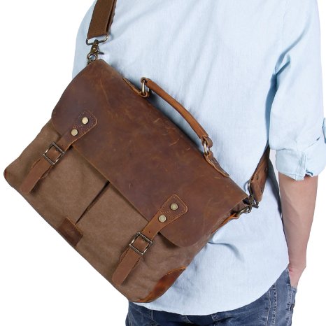 Langforth Genuine Leather Vintage 15.6" Laptop Canvas Messenger Satchel Bag Coffee 16"(L)x11"(H)x4"(W)