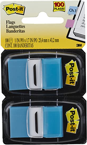 Post-it Flags, 50/Dispenser, 2 Dispensers/Pack, 1 in Wide, Bright Blue (680-BB2)