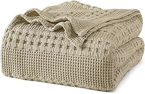 PHF 100% Cotton Waffle Weave Blanket Twin Size, Lightweight Washed Cotton Blanket for Spring & Summer - 66"x90" Aesthetic Soft Woven and Breathable Blanket for Bed Sofa Home Decor - Khaki