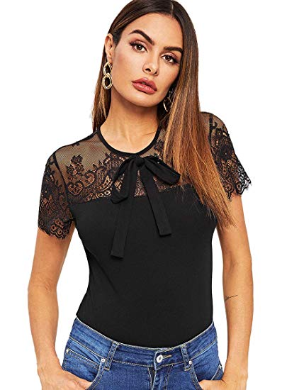 Romwe Women's Elegant Lace Floral Mesh Short Sleeve Slim Fit Work Blouse Top