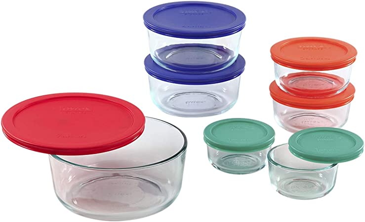 Pyrex 1123271 Simply Store 14 Piece Round Food Storage Set, Colored Lids, Multi