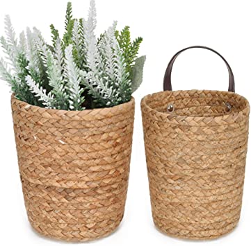 StorageWorks Water Hyacinth Wicker Baskets, Wall Hanging Basket for Plants & Accessories, Wall Basket Decor with Leather Handles, Natural, Set of 2 (one Large, one Small)