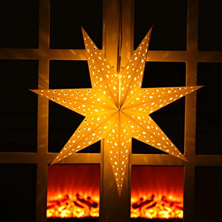 Paper Star Lantern 7 Pointed Star Paper Lantern with 10 LED Light String Hanging Pendant Lampshade Christmas Ornament for Christmas Weddings Holiday Birthday Home Decor 19.7 Inch (Holographic Rainbow)