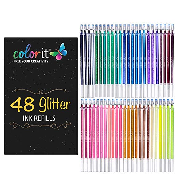 ColorIt 48 Glitter Color Ink Refills - Easy to Replace Cartridges for Glitter Gel Pen Set