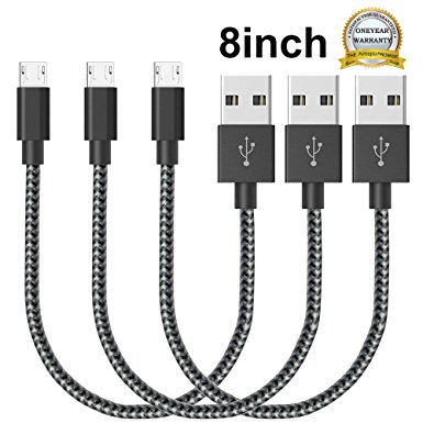 Micro USB Cable,Airsspu 3Pack 8-Inch Short Nylon Braided High Speed USB to Charging Cables Android Charger Cord for Samsung Galaxy S7 Edge/S6 Edge/S5/S4,Note 5/4/3,HTC,LG,Nexus(Black White)