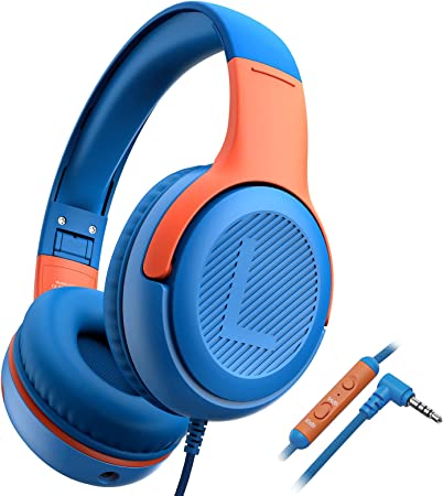 Kids Headphones with Microphone 85/94dB Volume Limiter 3.5mm Jack Wired Foldable Over-Ear Headphones with Shareport for Girls Boys Children Teens iPad/Fire Tablet/Travel Blue