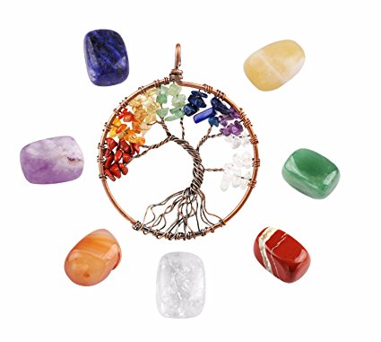 rockcloud Healing Crystal Kit,7 Chakra Stones & Tree of Life Pendant Set