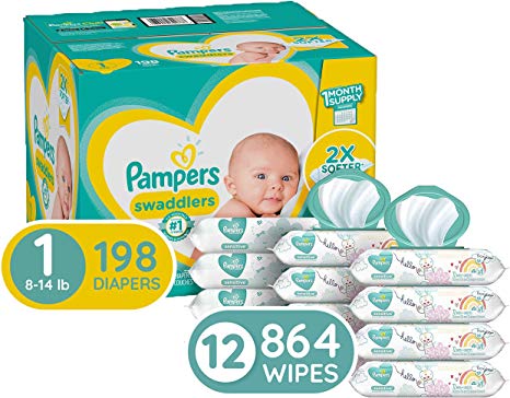 Diapers Newborn/Size 1 (8-14 lb), 198 Count and Baby Wipes - Pampers Swaddlers Disposable Baby Diapers, ONE Month Supply with Pampers Sensitive Water Baby Wipes, 864 Count