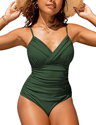 Hilor Women's One Piece Swimsuits Front Twist Swimwear V Neck Shirred Bathing Suit Monokini Tummy Control