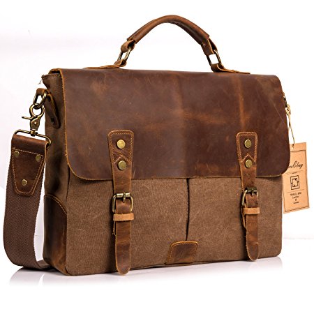 NiceEbag Leather Messenger Bag Vintage Canvas Laptop Shoulder Bag Men Satchel Briefcase Bag Fits Up 13.3 Inch Laptop (Coffee)