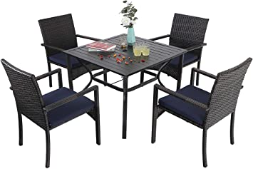 Sophia & William Outdoor Patio 5 Pieces Dining Set with 4 Brown PE Rattan Chairs and 1 Square Metal Table, Modern Outdoor Dining Furniture with Seat Cushions for Poolside, Porch, Patio, Balcony