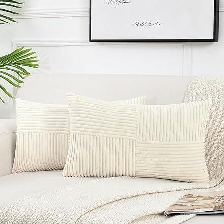 Fancy Homi 2 Packs Cream Lumbar Decorative Throw Pillow Covers 12x20 Inch for Living Room Couch Bed Sofa, Rustic Farmhouse Boho Home Decor, Soft Striped Corduroy Rectangle Accent Cushion Case 30x50 cm