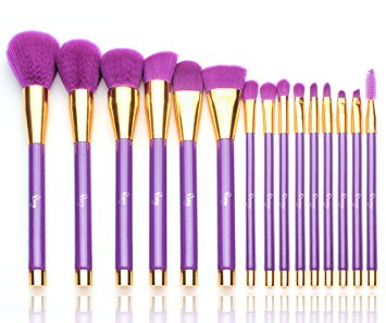 Qivange Makeup Brushes, Professional Vegan/Synthetic Makeup Brush Set Foundation Blush Eyeliner Eyeshadow Makeup Brush Kit   Cosmetic Bag, Purple with Gold (15 pcs)