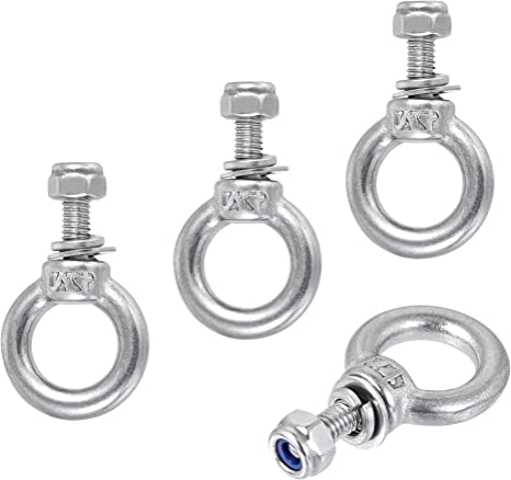 uxcell Lifting Eye Bolt M4 x 11mm Male Thread with Hex Screw Nut Gasket Flat Washer for Hanging, 304 Stainless Steel, 4 Sets