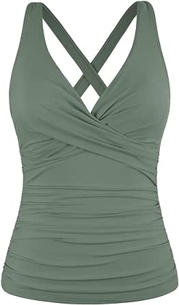 Hilor Women's Underwire Tankini Top Tummy Control Bathing Suits Sexy V Neck Crossover Swim Top Only