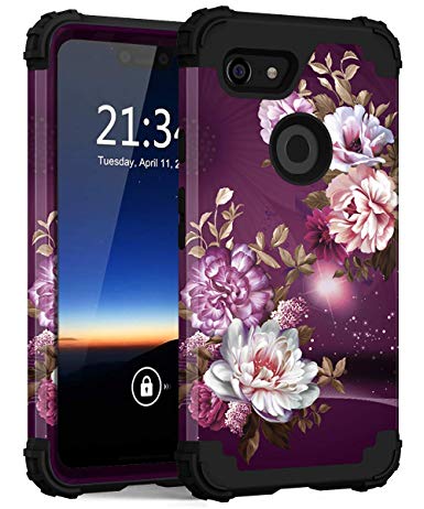 Hocase Pixel 3 XL Case, Shockproof Heavy Duty Protection Hard Plastic Silicone Rubber Hybrid Dual Layer Protective Phone Case for Google Pixel 3 XL 2018 w/ 6.3" Display - Burgundy Flowers