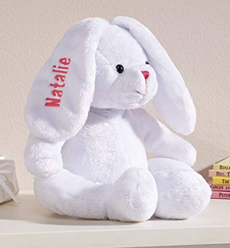 Personalized White Plush Bunny -Customized Stuffed Animal Children Easter Gift – Embroidered Floppy Ear Bunny with Child Name in Pink Font