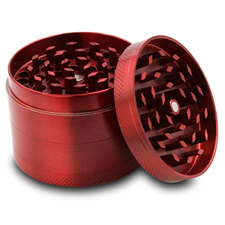 DCOU Zinc Alloy Herb Grinder with Magnetic Lid, Pollen Screen and Pollen Scraper, 4-Piece, 2.2 inch (Red)