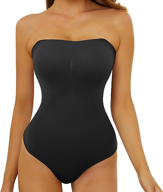 SLLIE Women's Sexy Strapless Bodysuit One Piece Seamless Ribbed Triangle Off Shoulder Shapewear Tops Leotard