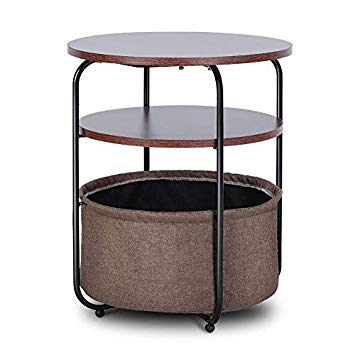 Round Side Table, 2 Layer Wood Rustic Vintage Side Table Nightstand for Small Spaces, Mordern End Table with Storage Bag and Metal Frame for Bederoom, Livingroom, Office, Cafe, Sofa （Black Walnut）