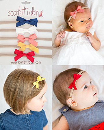 5 Baby Girl Hair Bows on Nylon Headbands | Ribbon "Bolds" Pack | By Scarlett Robin
