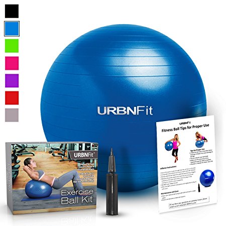 URBNFit Exercise Gym Ball (Multiple Sizes And Colors) For Stability & Yoga - Workout Guide Included & Quick Pump Included - Anti Burst Professional Quality Design