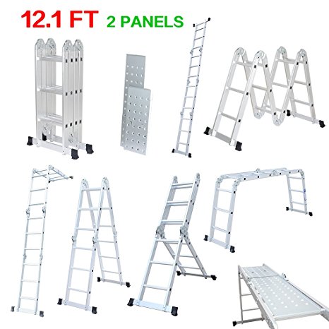Finether 12.1 FT Extendable Aluminum Folding Ladder with Safety Locking Hinges and 2 Panels