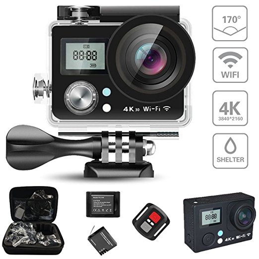 KAMRE Action Camera 4K WIFI Sports Action Camera Ultra HD Waterproof 16MP DV Camcorder 170° Wide Angle, 2" LCD Dual Screen, SONY Sensor and Accessories