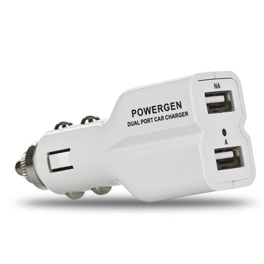 PowerGen White Dual USB 42A 20W Car charger Designed for Apple and Android Devices