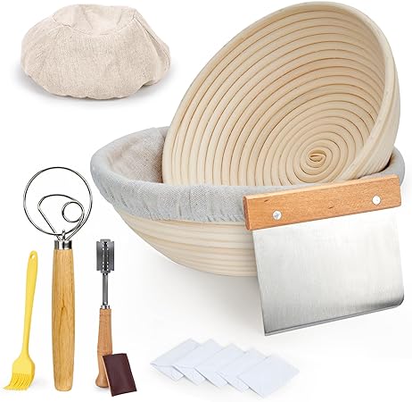 Cesta de Fermentación, Ohuhu 2 Piezas Cesta Pan, Redonda de 23 cm & 25 cm con batidor de masa, Cortador de Pan, 2 Tela de Lino, Raspador de Masa, Cepillo, y 5 Cuchillas, Cesta de Pan de Ratán Natural