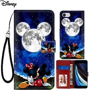 DISNEY COLLECTION iPhone 7/iPhone 8/iPhone SE (2020) Case Wallet Case Micky and Minnie Moon Pattern [Stand Feature] Design Magnetic Closure Cover with Card Holder and Wrist Strap Protective Shell