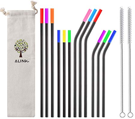 ALINK 12-Pack Reusable Black Metal Drinking Straws with Silicone Covers, Stainless Steel Straws for 30oz / 20oz Yeti/Rtic Tumblers with Cleaning Brush and Carrying Case