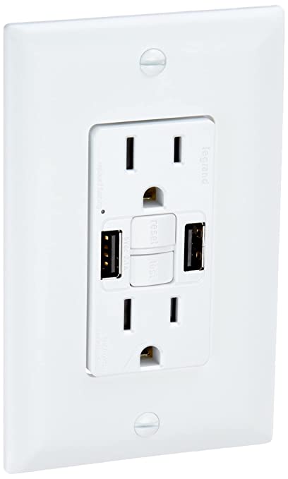 Legrand Radiant USB GFCI Outlet, 15A Tamper-Resistant, Self-Test, Type-A/A, White, 1597TRUSBAAW