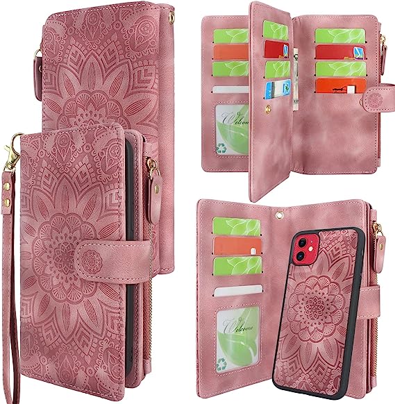 Harryshell Detachable Magnetic Zipper Wallet Leather Case Cash Pocket with Card Slots Holder Wrist Strap for iPhone 11 6.1 inch 2019 Floral Flower (Rose Pink)