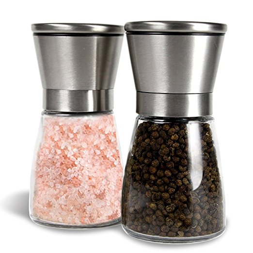 Premium Stainless Steel Salt and Pepper Grinder (Set of 2) - 6 Oz Glass Base Pepper Mill and Salt Mill - Adjustable Coarseness Grind Setting Salt and Pepper Shakers by Bloomingoods