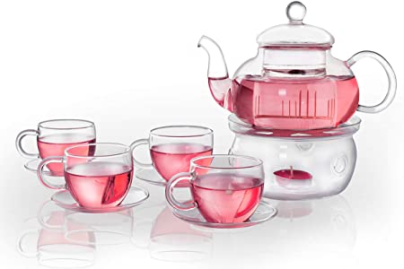 Jusalpha glass filtering tea maker teapot with a warmer and 4 tea cups and saucers set (Version 3, 27-Oz)