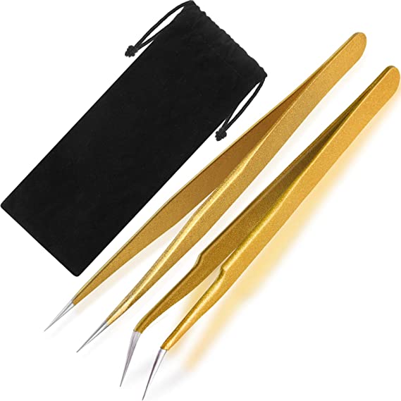2 Pieces Straight and Curved Tip Tweezers Eyelash Extension Tweezers, Stainless Steel False Lash Application Tools (Gold)