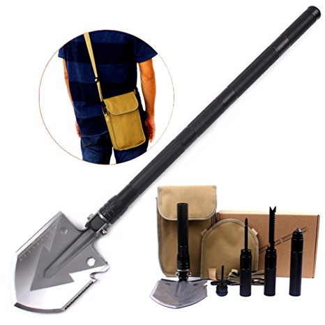 Pagreberya Survival Shovel Kit with Multi Tools Compass Knife Saw Firestarter Screwdriver Attack Cone, Compact and Portable Folding Shovel for Camping Backpacking Travel - Bonus Carrying Bag and Strap