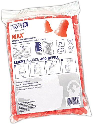 Howard Leight MAX-LS4 Leight Source 400 MAX Uncorded Earplug Dispenser Refill Packs, Polyurethane Foam, One Size, Orange (Pack of 200)