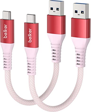 Belker USB C Cable Short 20cm/0.2M 2Pack [10Gbps Data] USB3.1 Gen2 Type C Android Auto Cable QC3.0 3A USB A to C Fast Charger for Samsung Note20 Galaxy S22/S21/S20 Galaxy Z Flip3 Pixel 6 OnePlus 9 Red