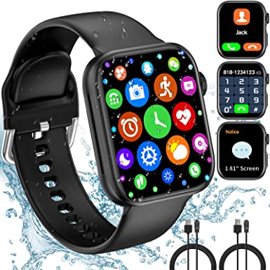Smart Watch Women Men(Answer/Make Calls), 2022 Newest 1.81'' Bluetooth Smart Watch for Android iOS Phones, Outdoor Fitness Tracker with Heart Rate/Sleep Monitor, Activity Trackers Smartwatches Black