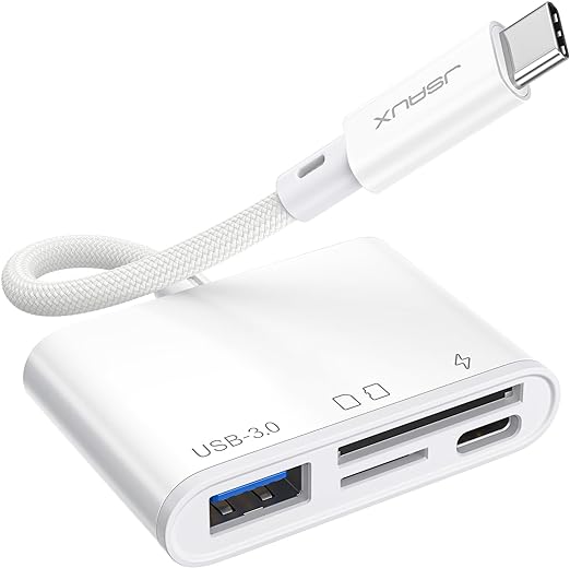 4-in-1 USB C SD Card Reader with USB 3.0 Port & Charging Port | JSAUX Type C to Micro SD Memory Card Reader | Compatible with iPhone 15/ Pro Max/Pro/Plus, iPad Pro, MacBook Pro/Air, Galaxy S8 to S24