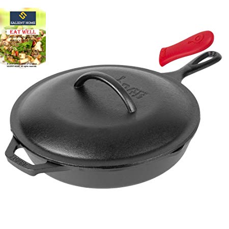 Lodge 10.25" Cast Iron Black Skillet with LID | Pre-Seasoned Cookware, Frying Pan, Ready for Stovetop, Oven or Camp Cooking | Grill, Induction Safe | SALIENT HOME Cookbook from Top America's Chefs.