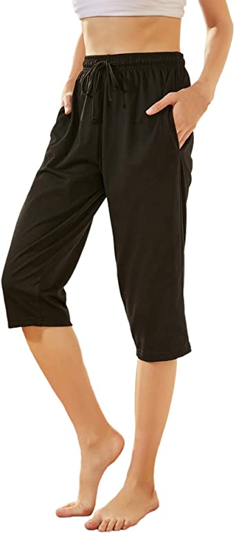 WEWINK CUKOO 100% Cotton Women Capri Pajama Pants, Soft Lounge Bottom with Pockets Sleepwear