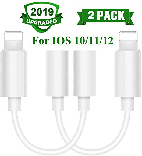 Lighting to 3.5mm Headphone Adapter Earbuds Earphones Adapter 2Pack, Compatible with iPhone X/XS/Max/XR 7/8/8Plus iOS 10/11/12 Plug and Play (White)